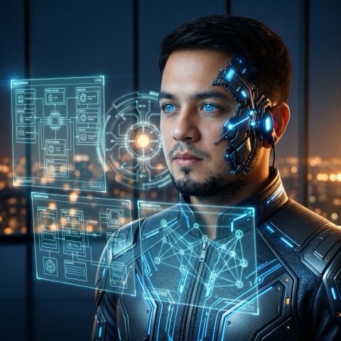 Diosh Lequiron examining a holographic system schematic