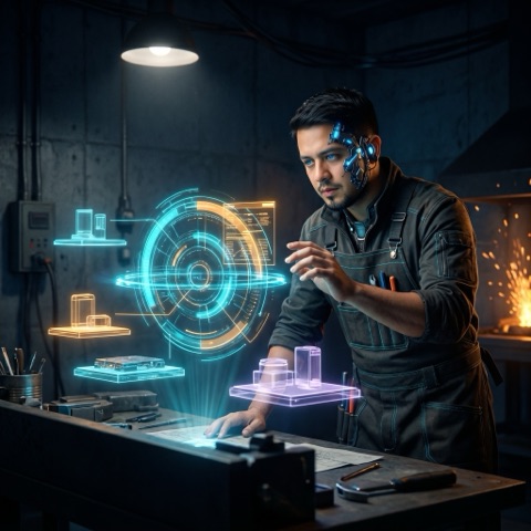 Diosh Lequiron at the venture workbench \u2014 iterating on holographic prototypes
