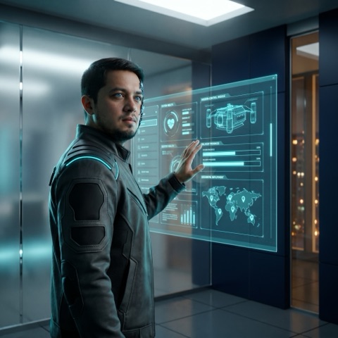 Diosh Lequiron at the operations console — directing a holographic delivery dashboard