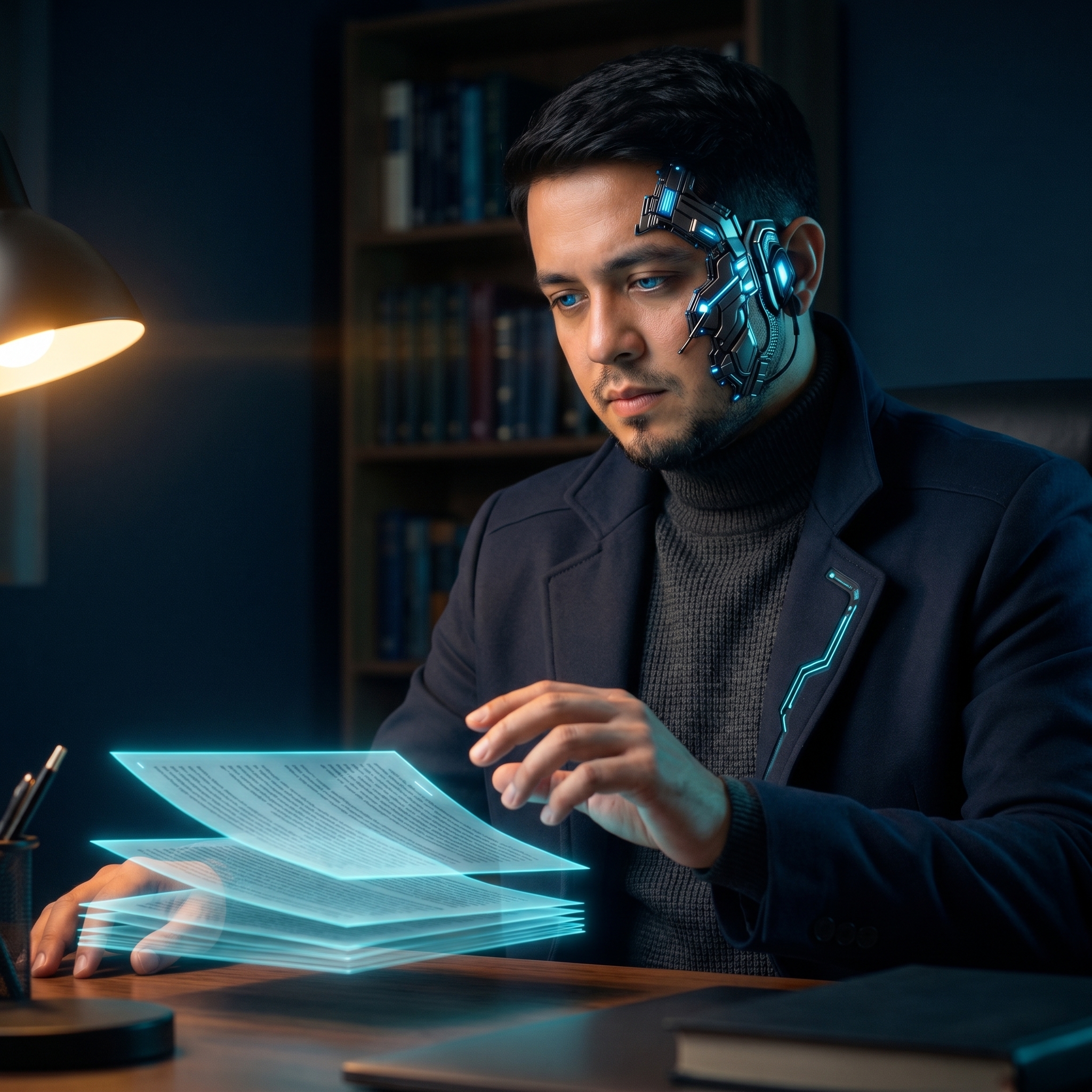 Diosh Lequiron at the writing desk — annotating a holographic manuscript